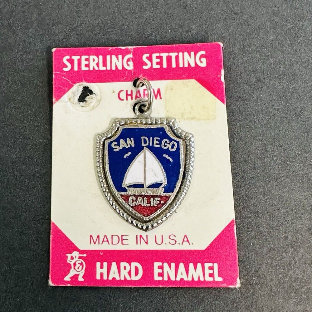 Vintage San Diego Calif Travel Shield Charm Sterling Setting Sail Boat 1980